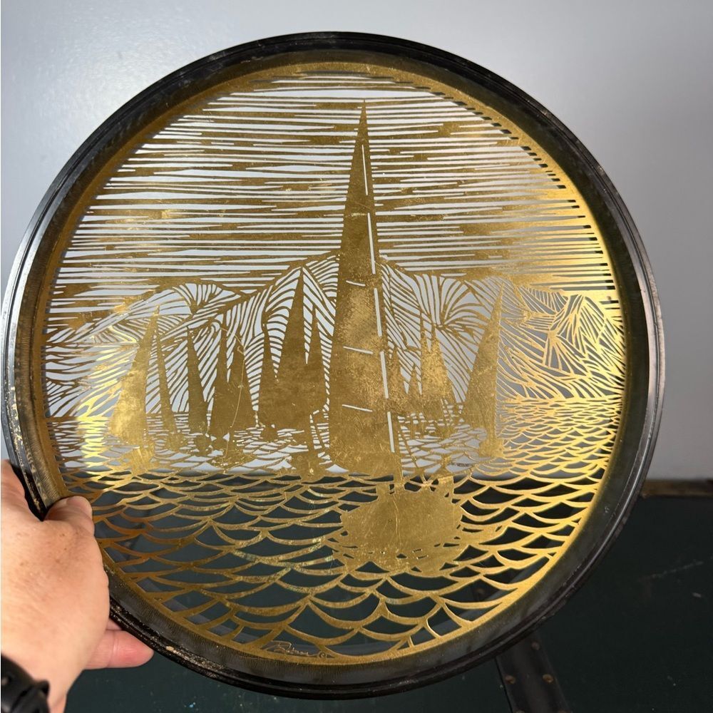Bijan Signed Brass MCM Round 12" Diameter Framed Wall Art Sculpture Sailboats